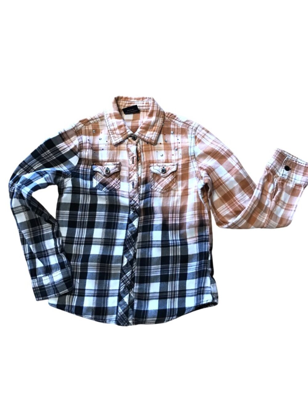 Upcycled Diagonally Bleached Flannel Shirt, Studded Sparkly Girl's Size 6 - 6X